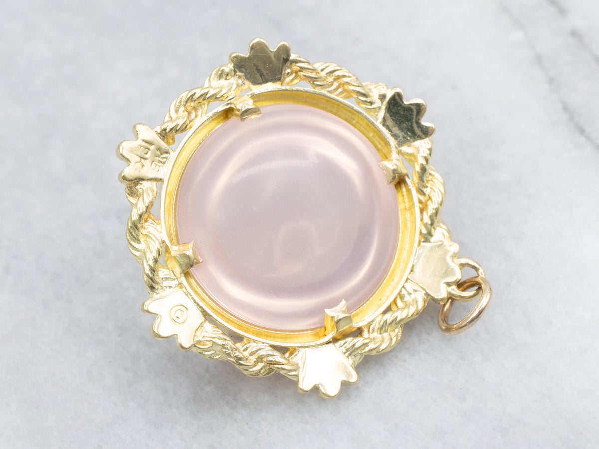 Rose Quartz Cabochon Gold Pendant Nautical Rope Setting