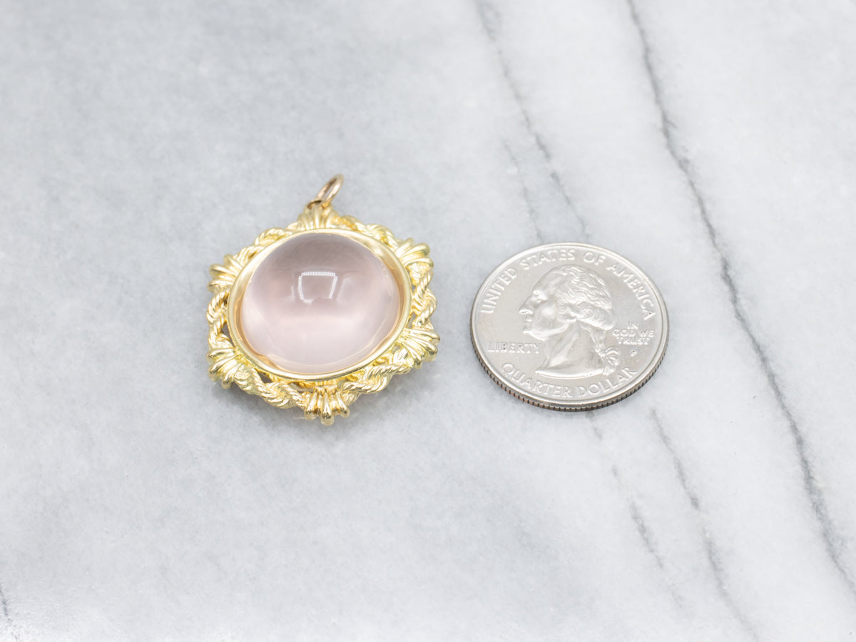 Rose Quartz Cabochon Gold Pendant Nautical Rope Setting