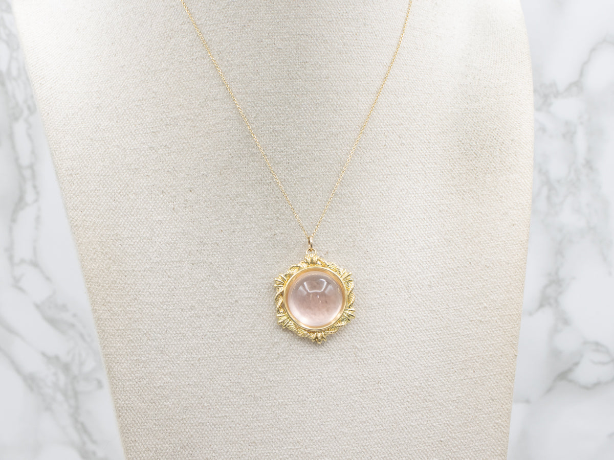 Rose Quartz Cabochon Gold Pendant Nautical Rope Setting