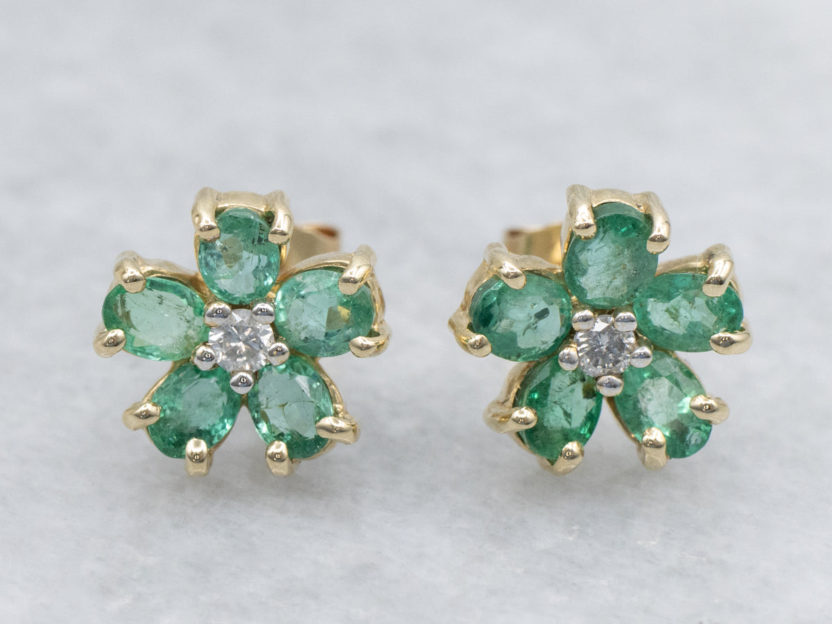 Emerald and Diamond Flower Gold Stud Earrings