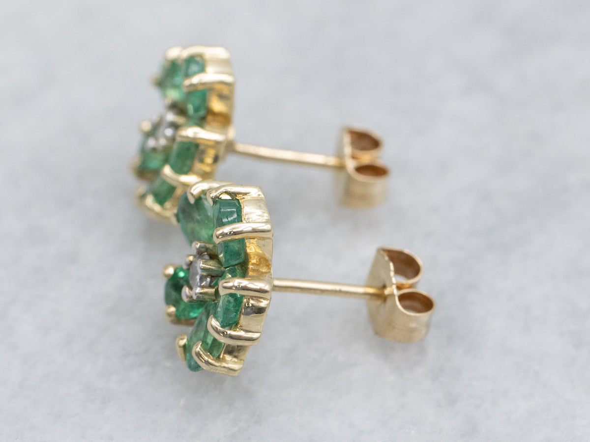 Emerald and Diamond Flower Gold Stud Earrings