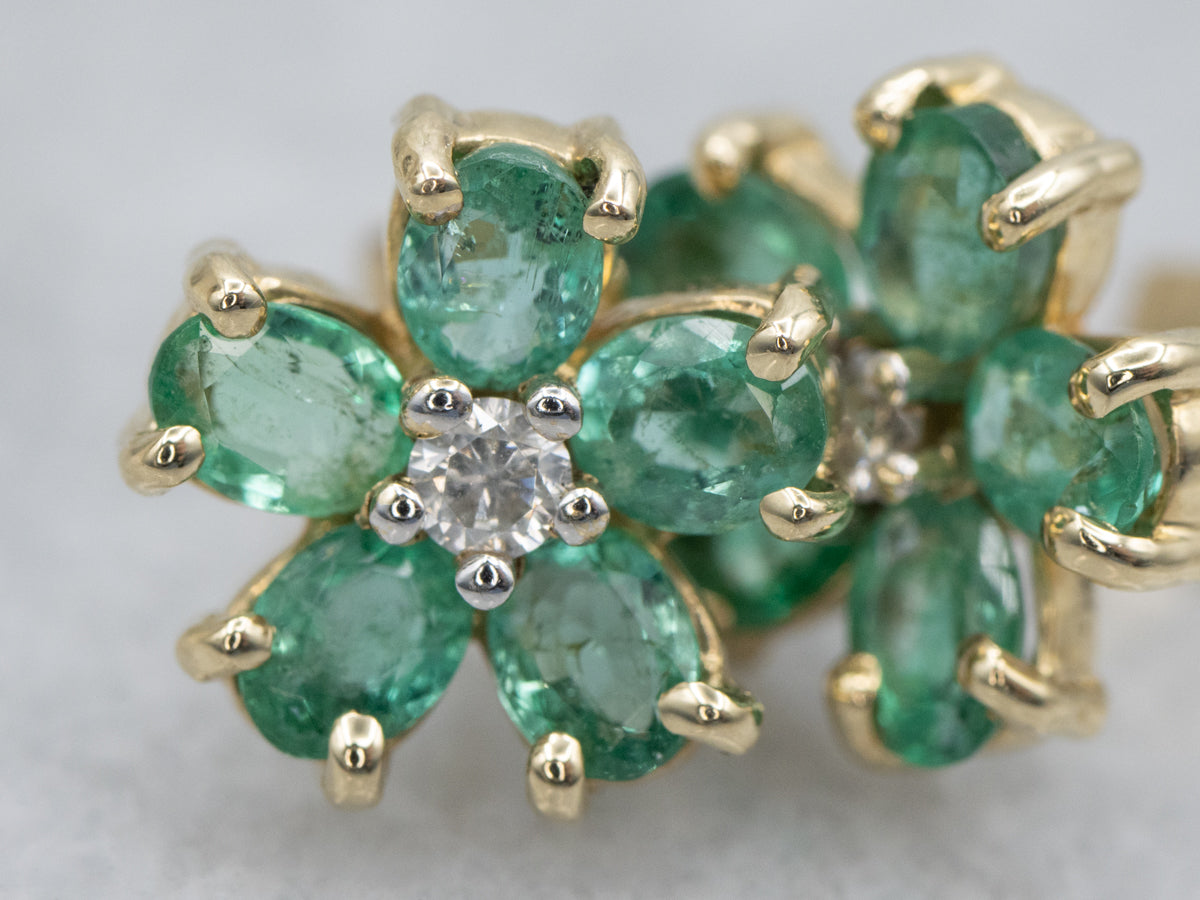 Emerald and Diamond Flower Gold Stud Earrings