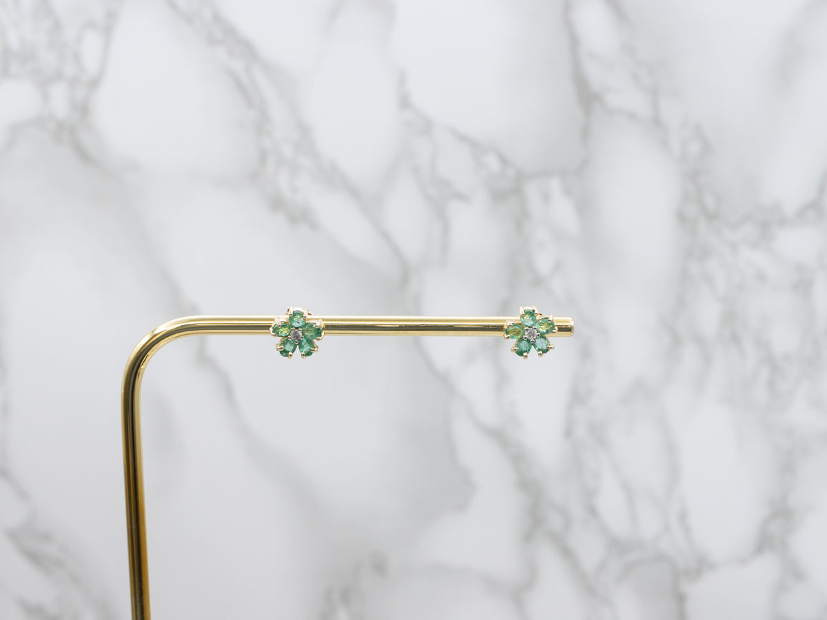 Emerald and Diamond Flower Gold Stud Earrings