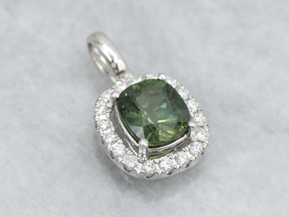 Modern Green Sapphire and Diamond Halo White Gold Pendant