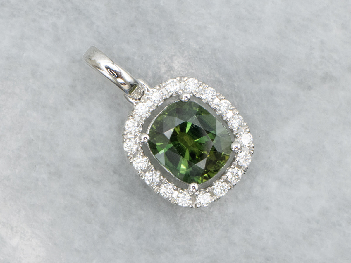 Modern Green Sapphire and Diamond Halo White Gold Pendant