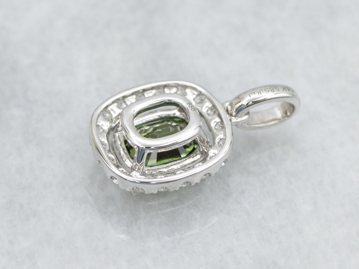 Modern Green Sapphire and Diamond Halo White Gold Pendant