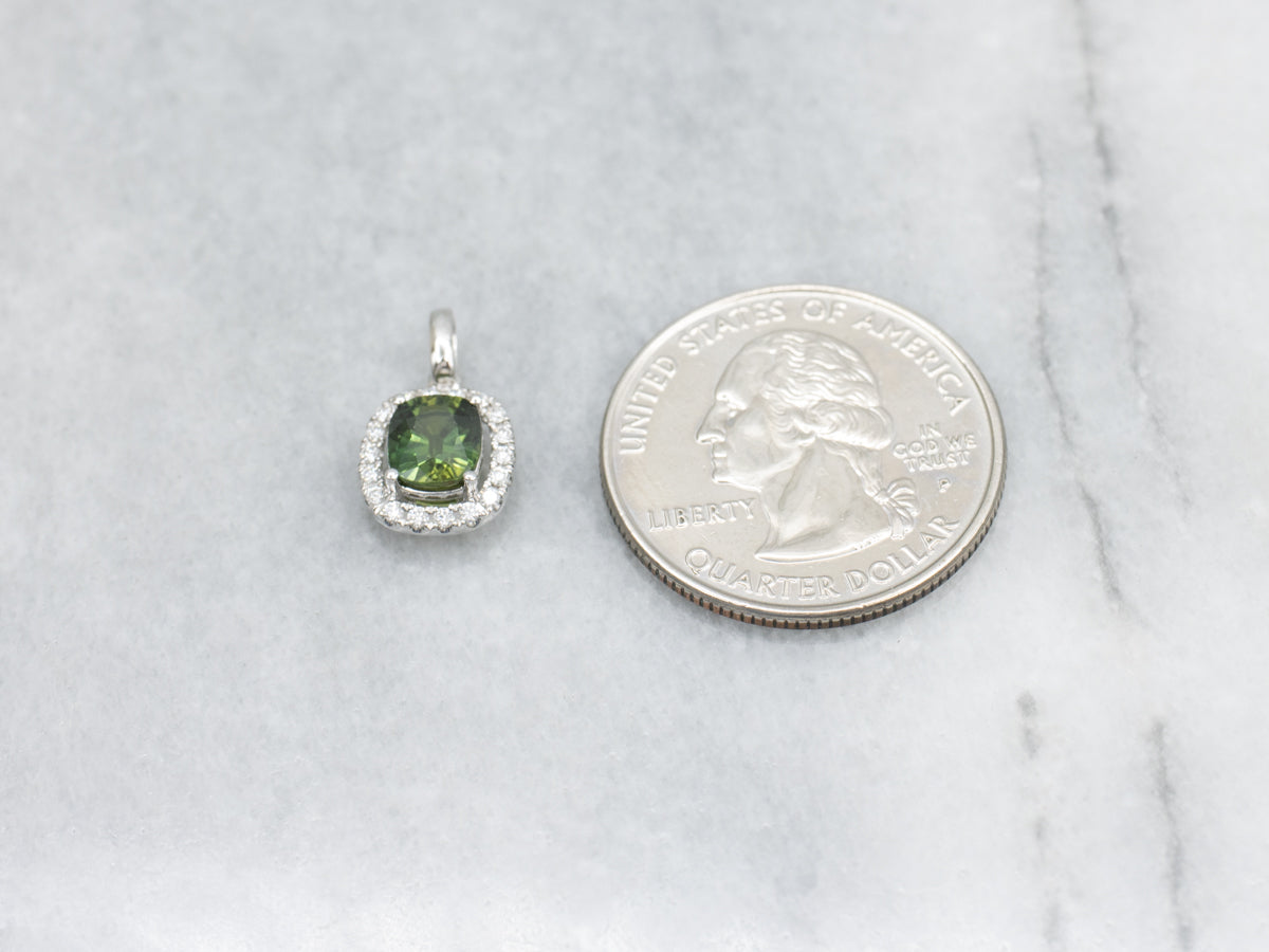 Modern Green Sapphire and Diamond Halo White Gold Pendant