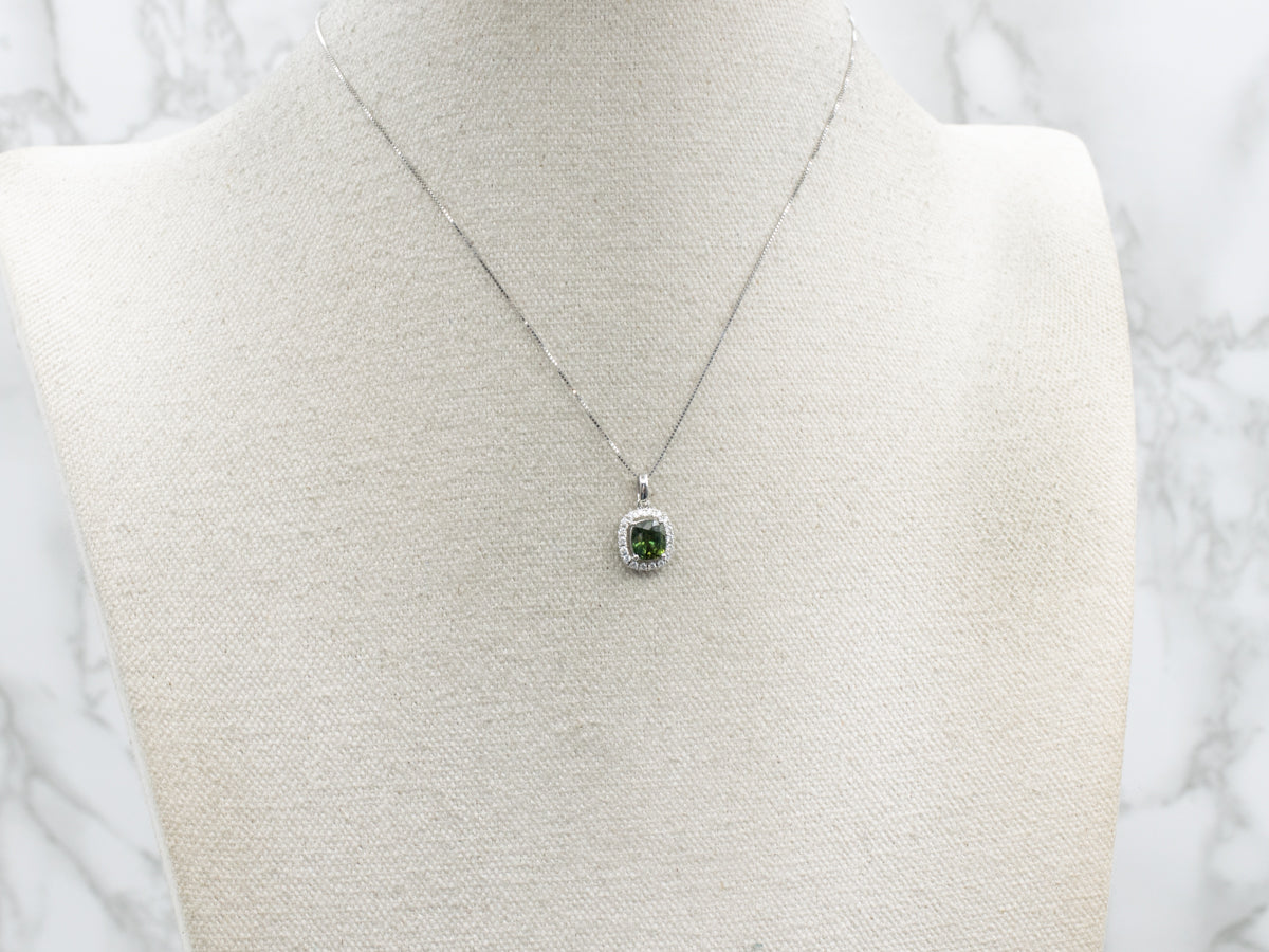 Modern Green Sapphire and Diamond Halo White Gold Pendant