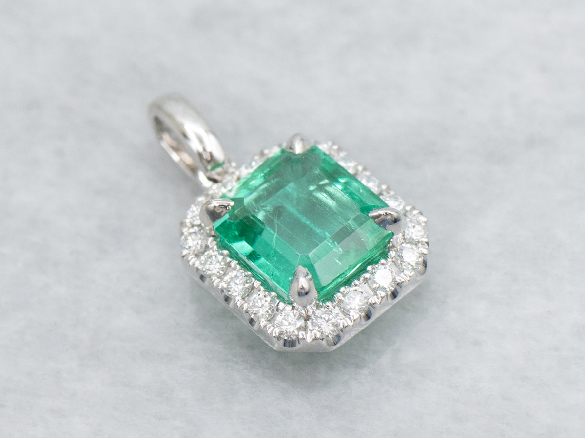 Modern Emerald and Diamond Halo White Gold Pendant