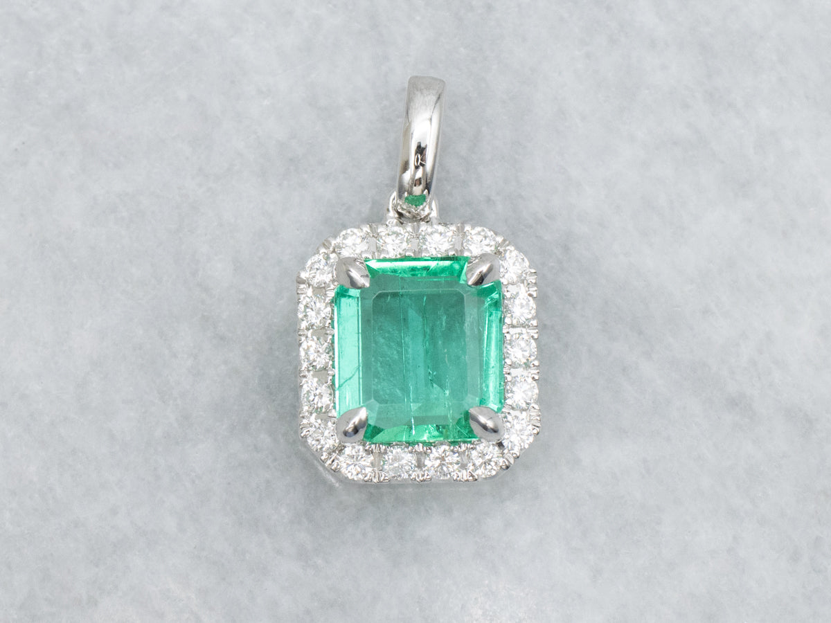 Modern Emerald and Diamond Halo White Gold Pendant