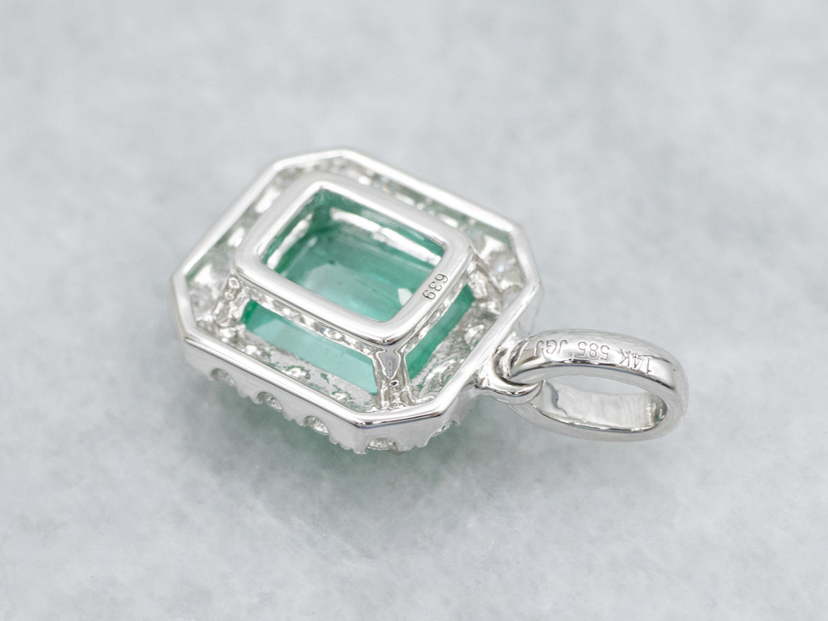 Modern Emerald and Diamond Halo White Gold Pendant