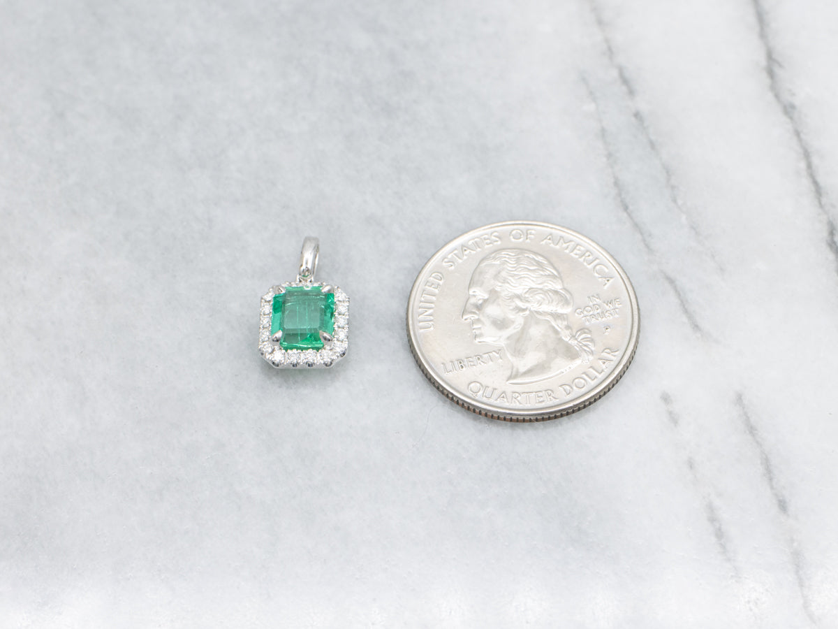 Modern Emerald and Diamond Halo White Gold Pendant
