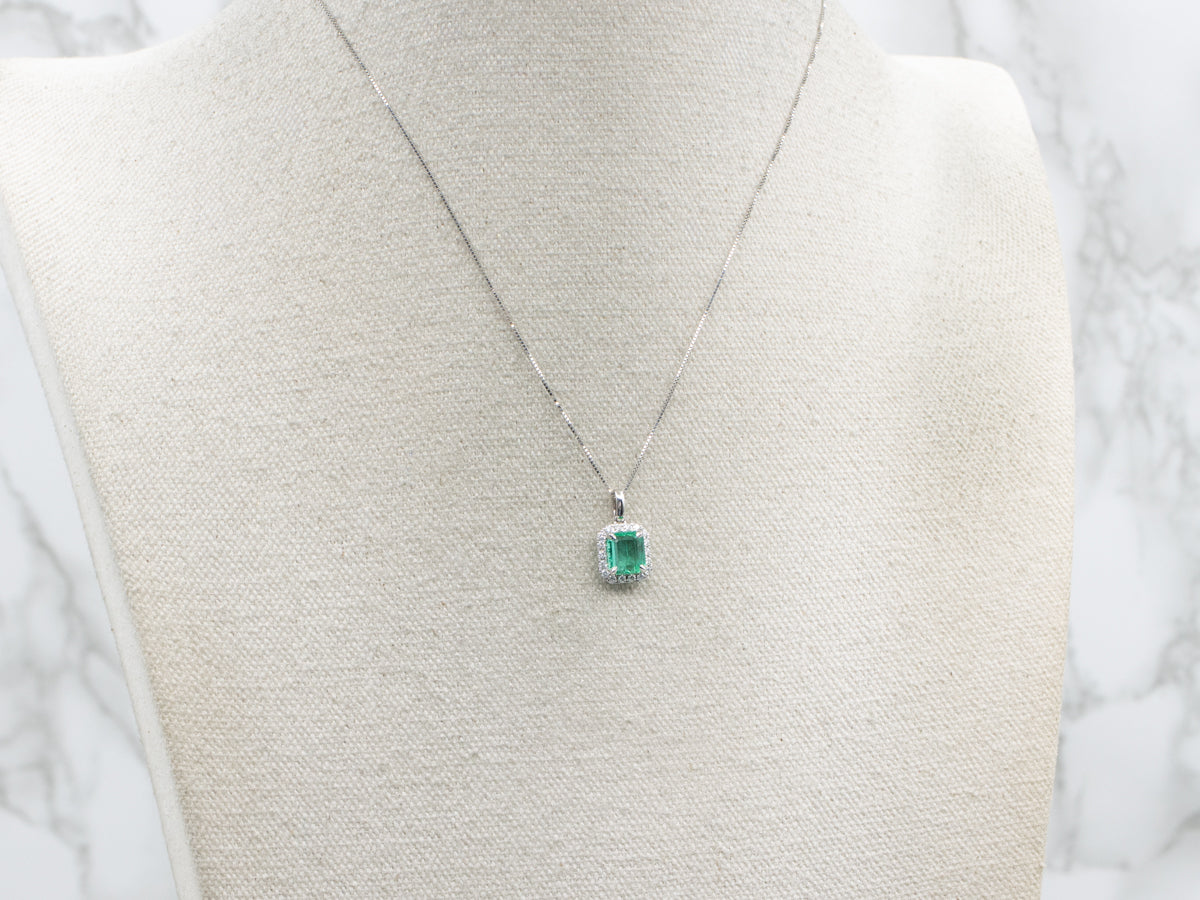 Modern Emerald and Diamond Halo White Gold Pendant