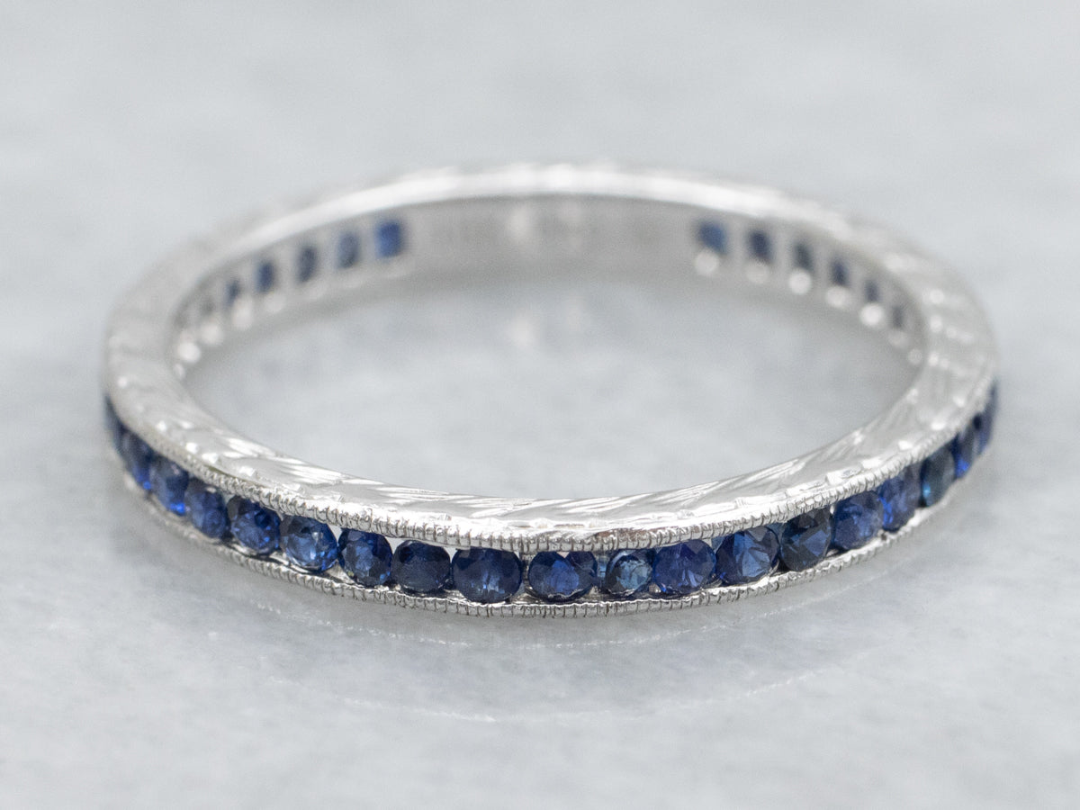 Channel Set Sapphire White Gold Engraved Band
