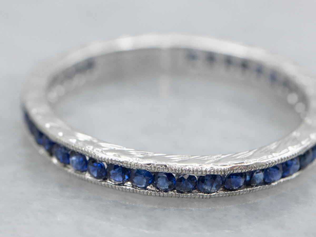 Channel Set Sapphire White Gold Engraved Band