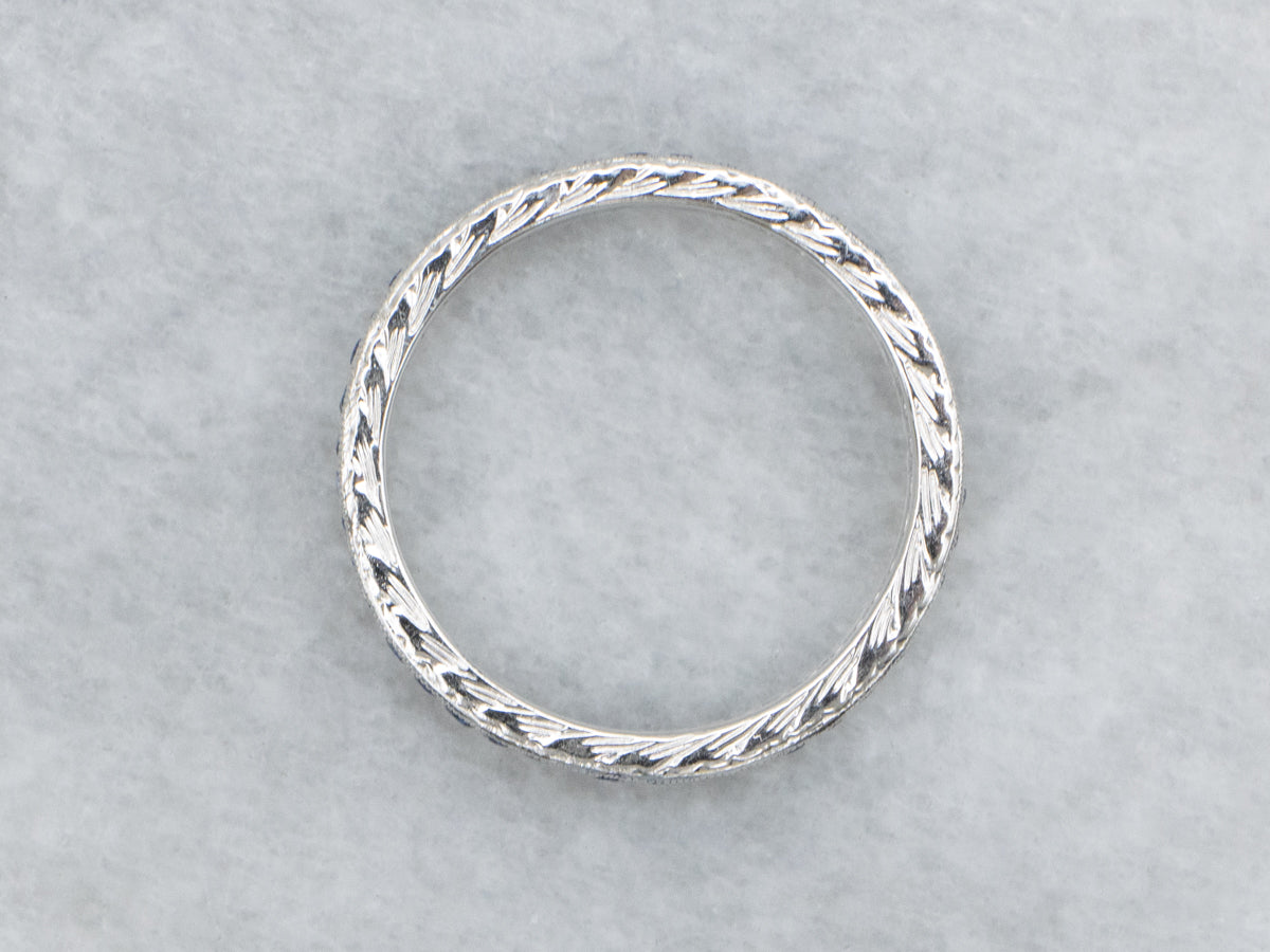 Channel Set Sapphire White Gold Engraved Band