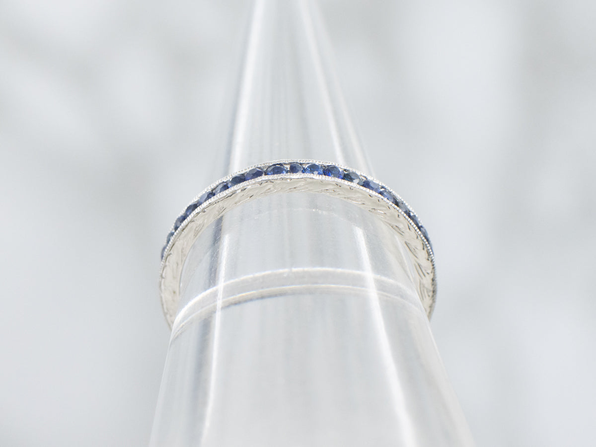 Channel Set Sapphire White Gold Engraved Band