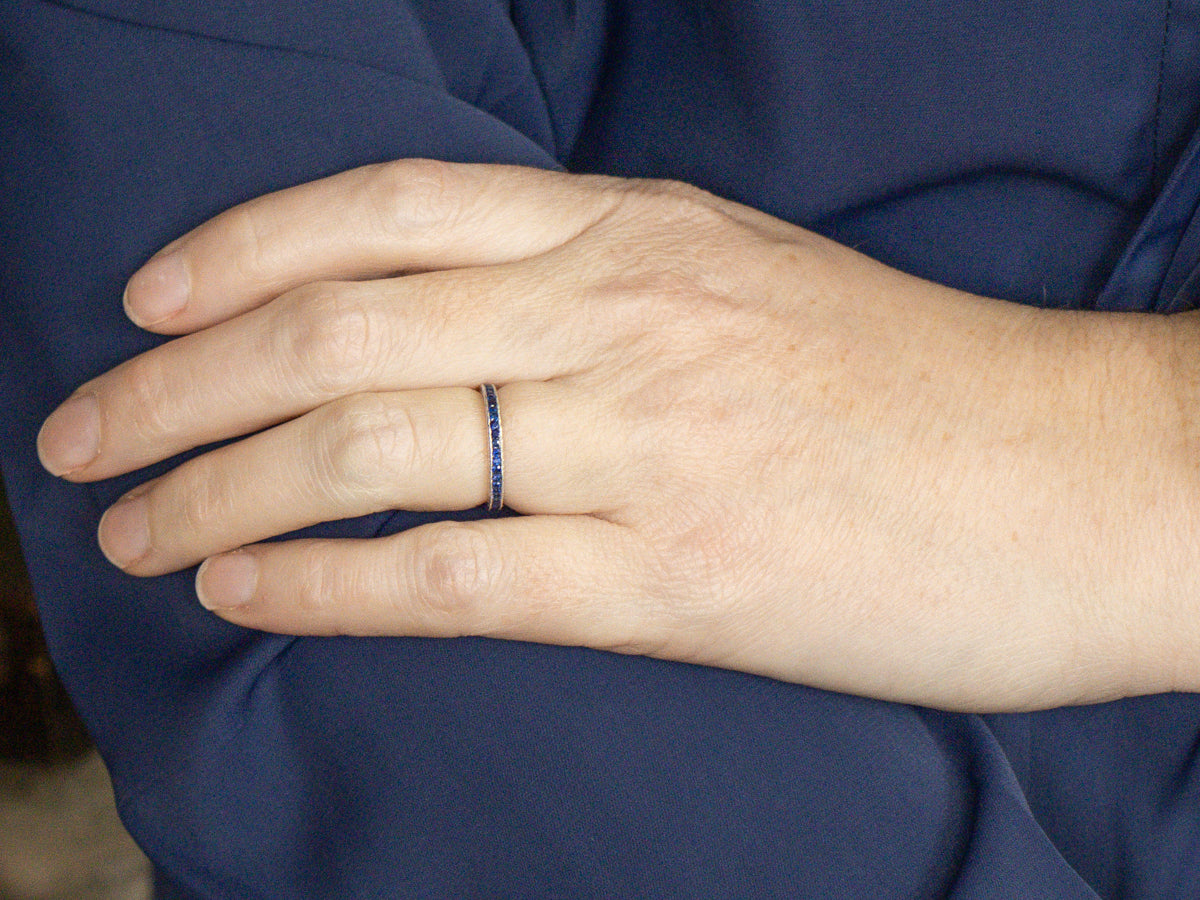 Channel Set Sapphire White Gold Engraved Band