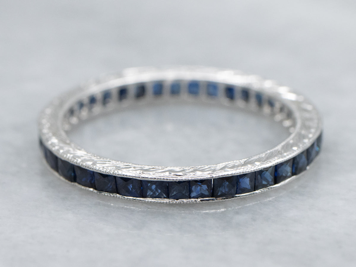 Engraved White Gold Channel Set Sapphire Eternity Band
