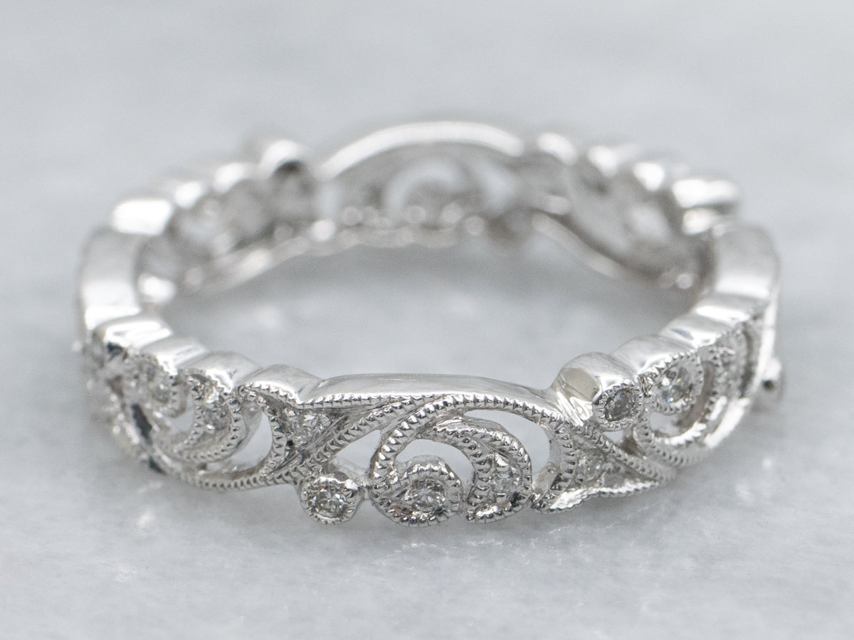 Botanical Patterned White Gold Diamond Filigree Band