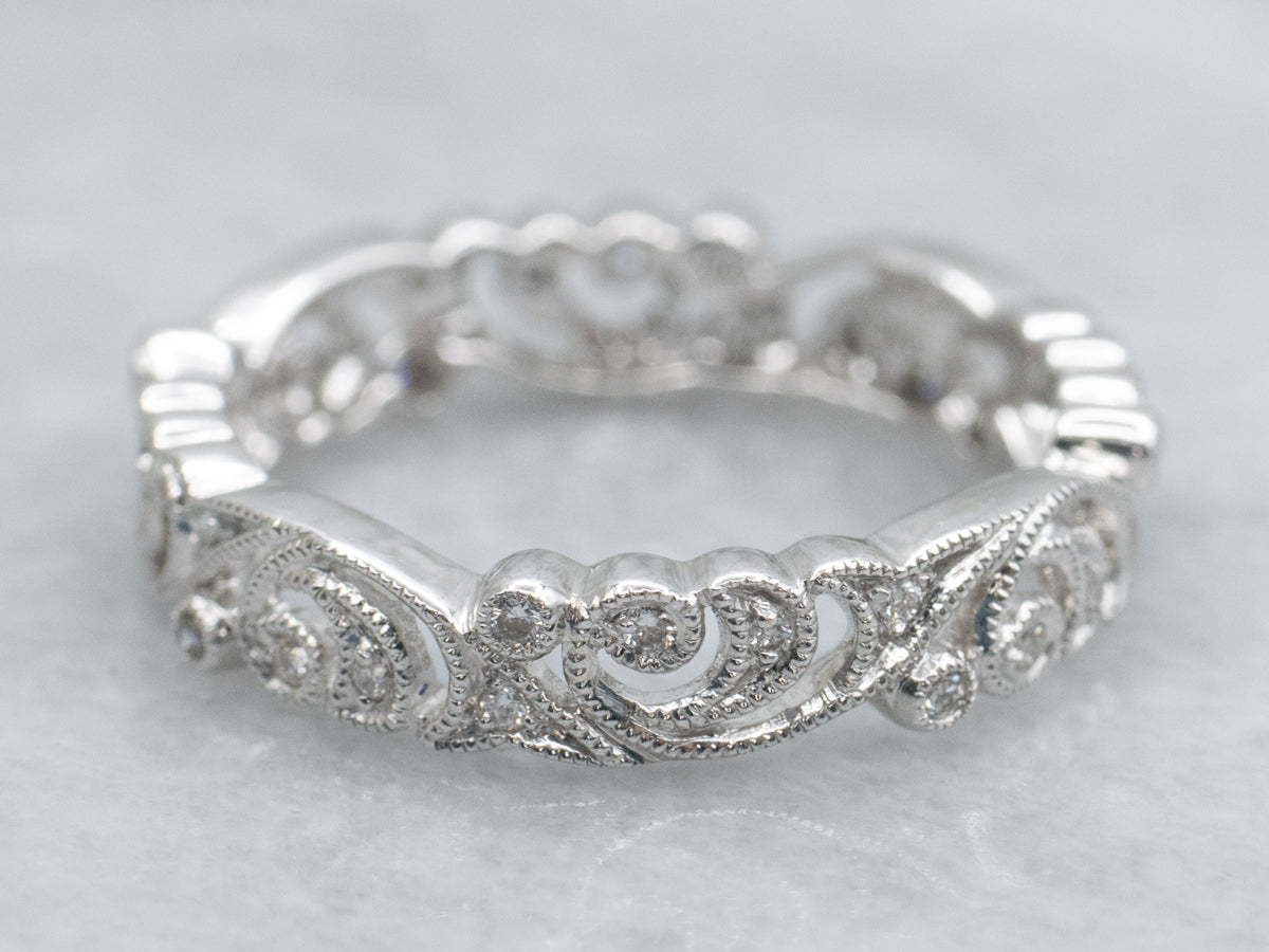 Botanical Patterned White Gold Diamond Filigree Band
