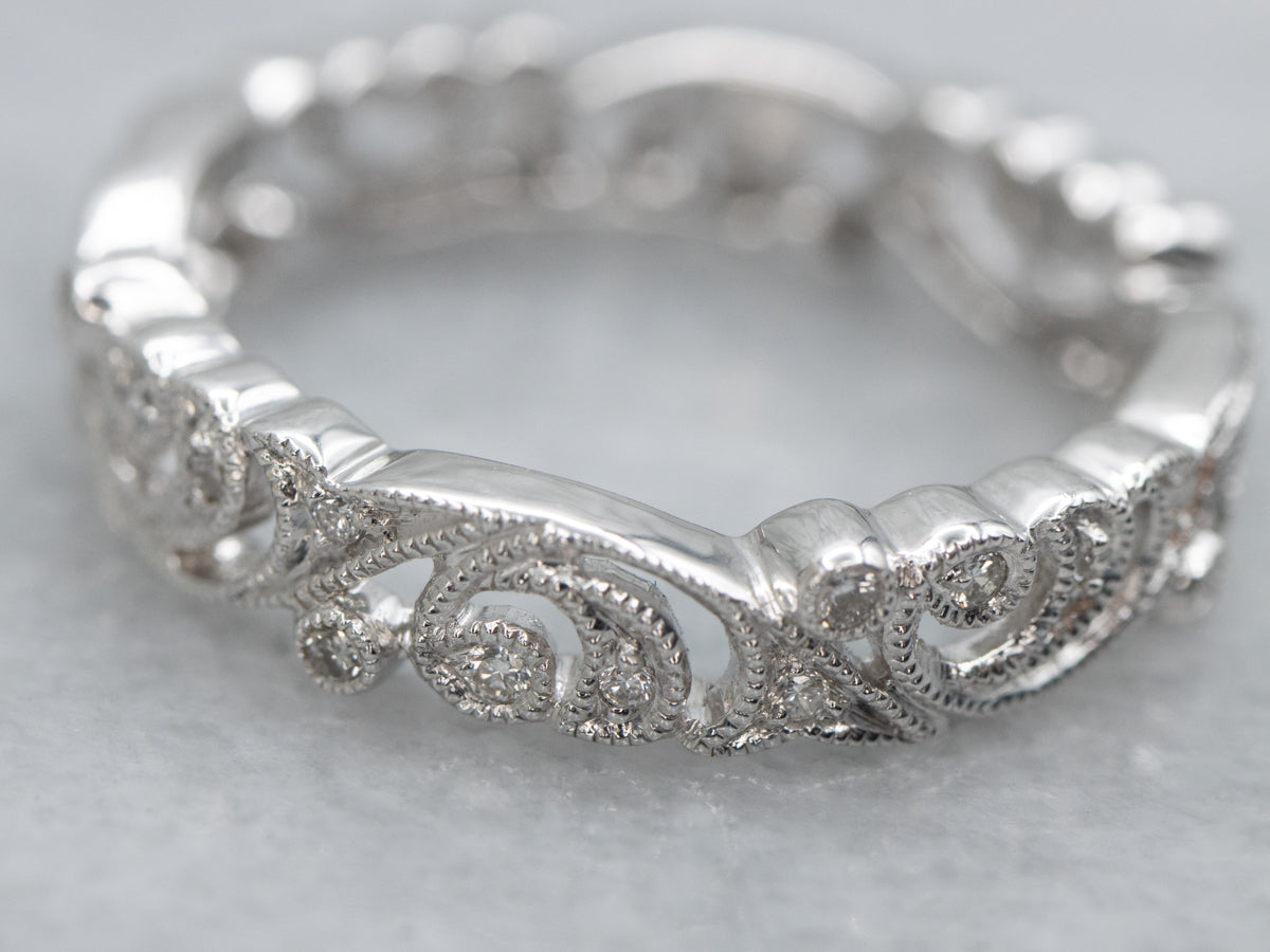 Botanical Patterned White Gold Diamond Filigree Band
