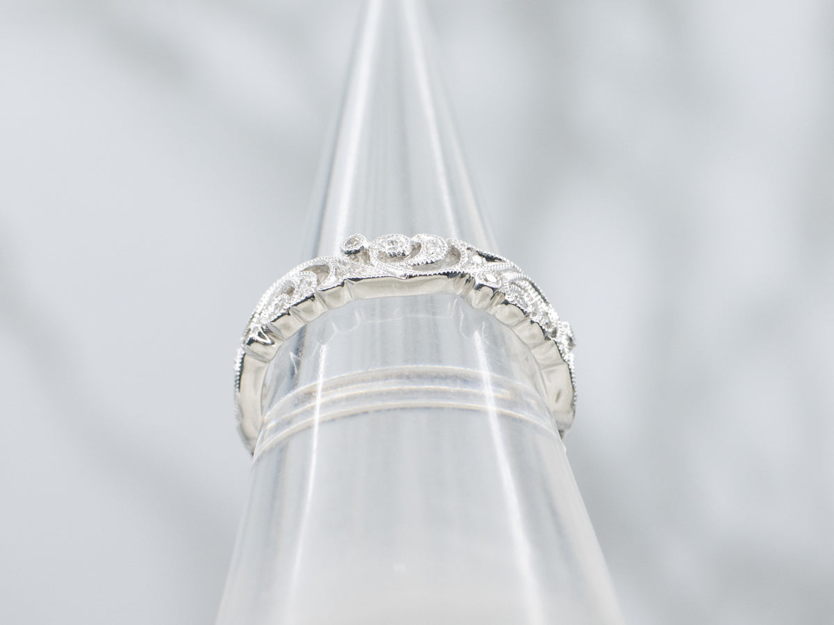 Botanical Patterned White Gold Diamond Filigree Band
