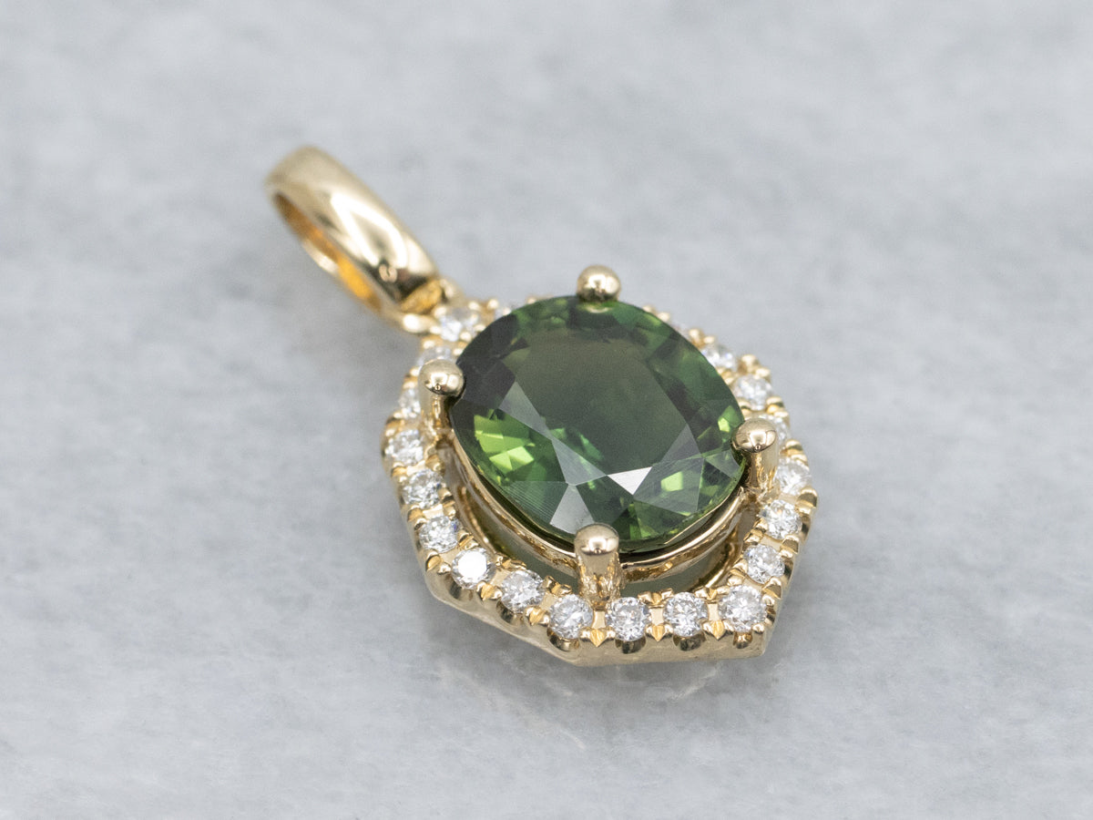 Beautiful Green Sapphire and Diamond Halo Pendant