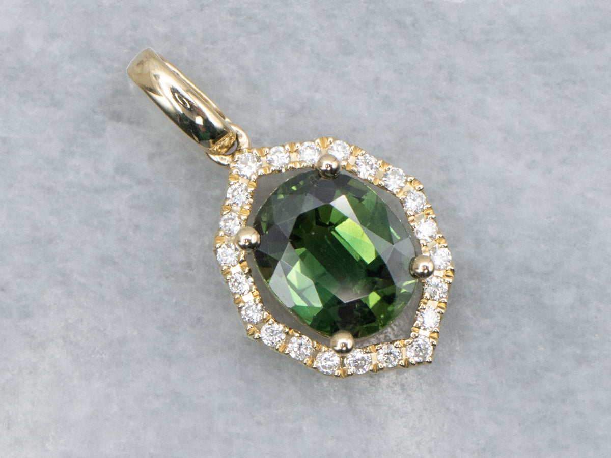 Beautiful Green Sapphire and Diamond Halo Pendant