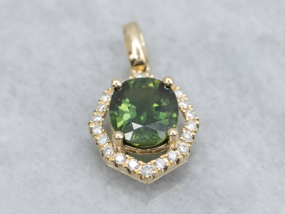 Beautiful Green Sapphire and Diamond Halo Pendant