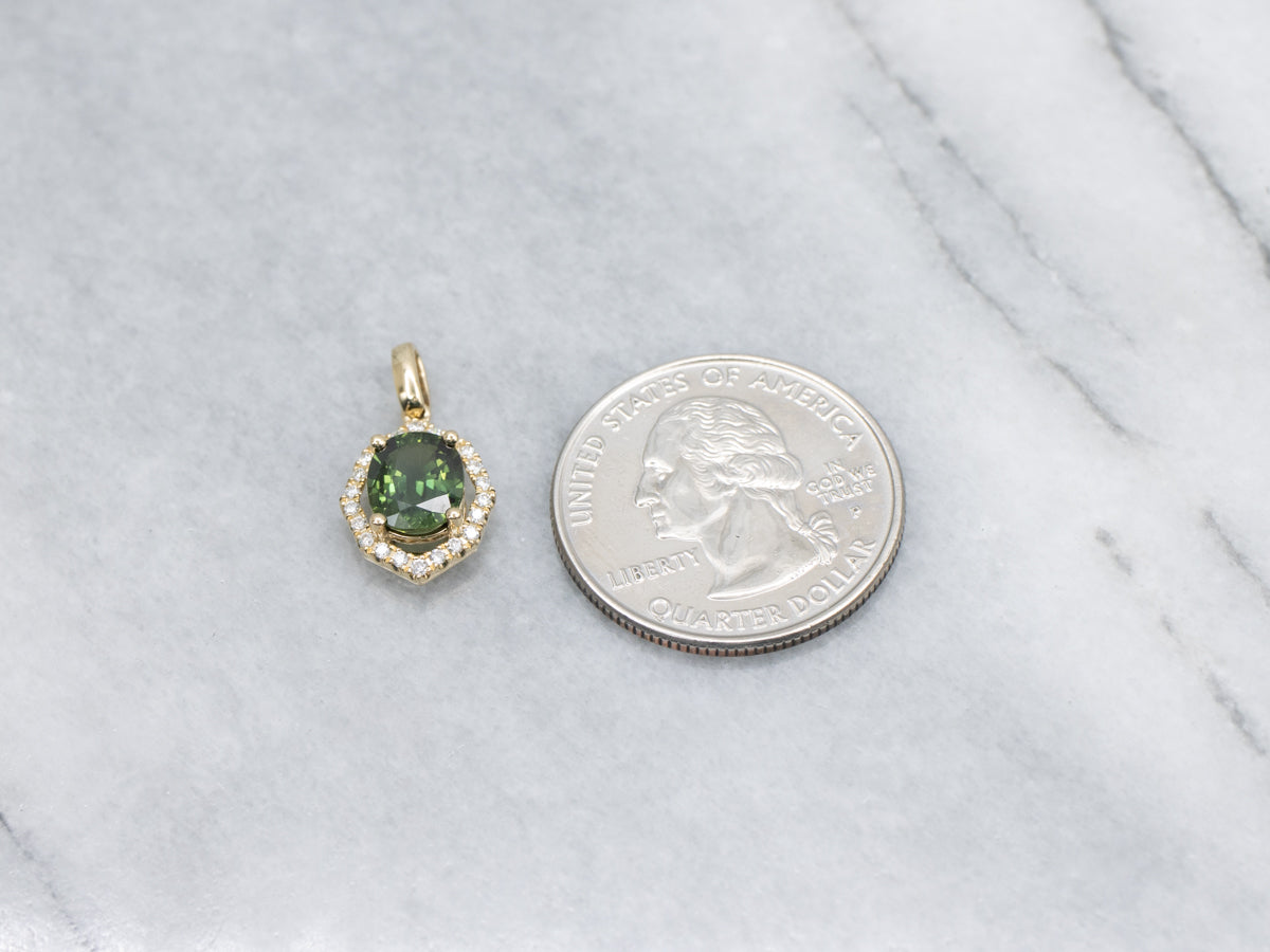 Beautiful Green Sapphire and Diamond Halo Pendant