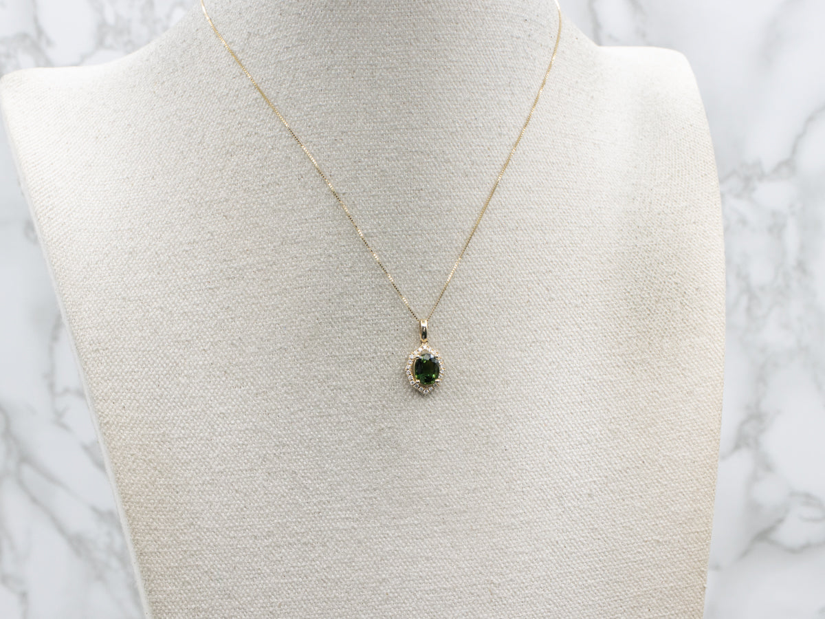 Beautiful Green Sapphire and Diamond Halo Pendant