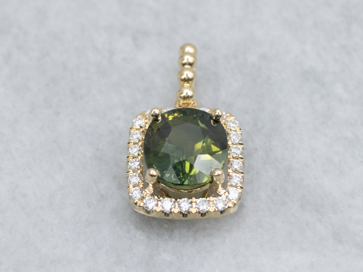 Cushion Cut Green Sapphire and Diamond Halo Pendant