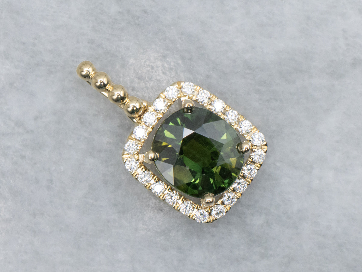 Cushion Cut Green Sapphire and Diamond Halo Pendant