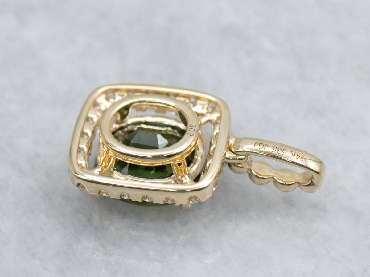 Cushion Cut Green Sapphire and Diamond Halo Pendant