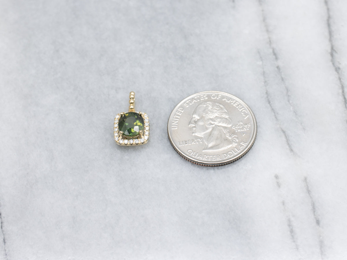 Cushion Cut Green Sapphire and Diamond Halo Pendant