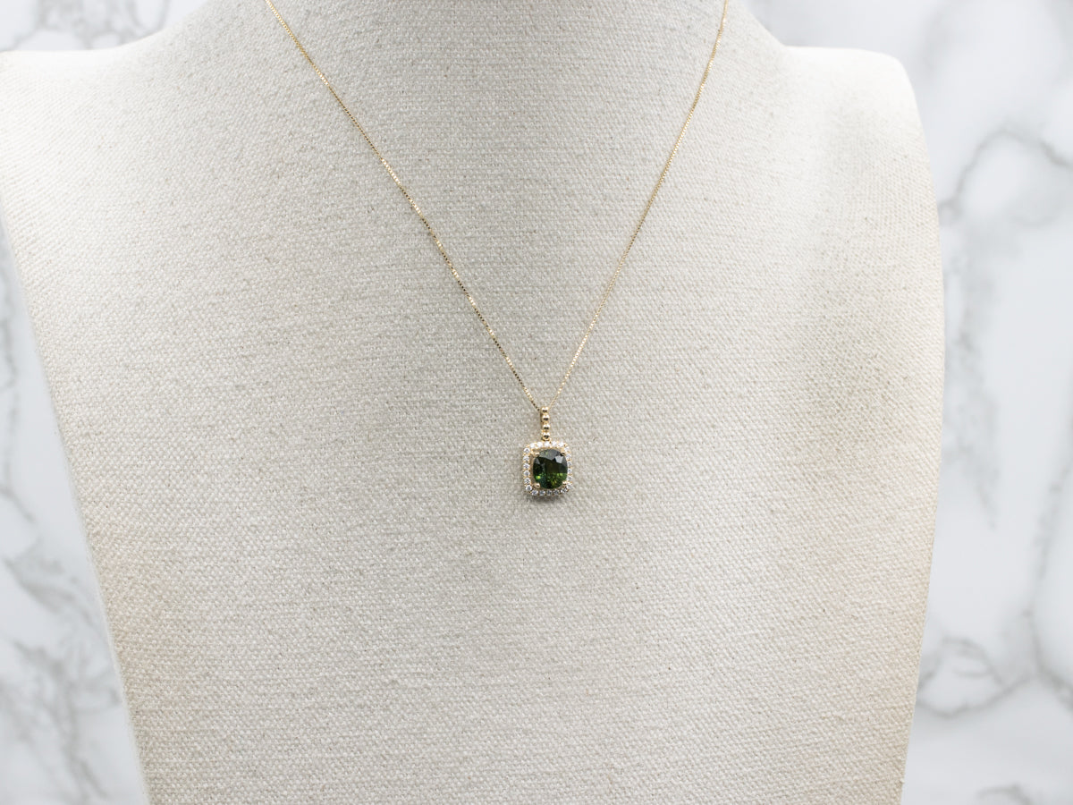 Cushion Cut Green Sapphire and Diamond Halo Pendant
