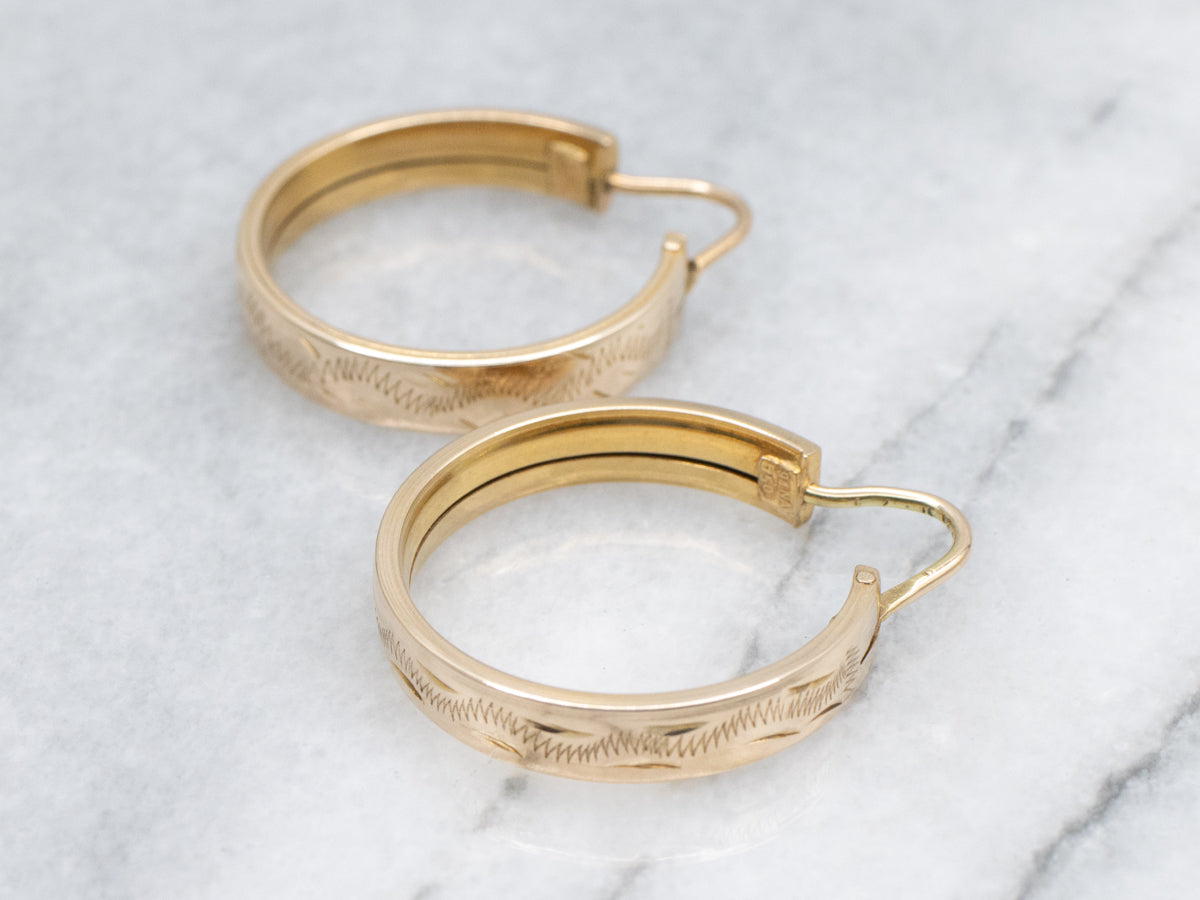 Etched Pattern Yellow Gold Hoop Earrings