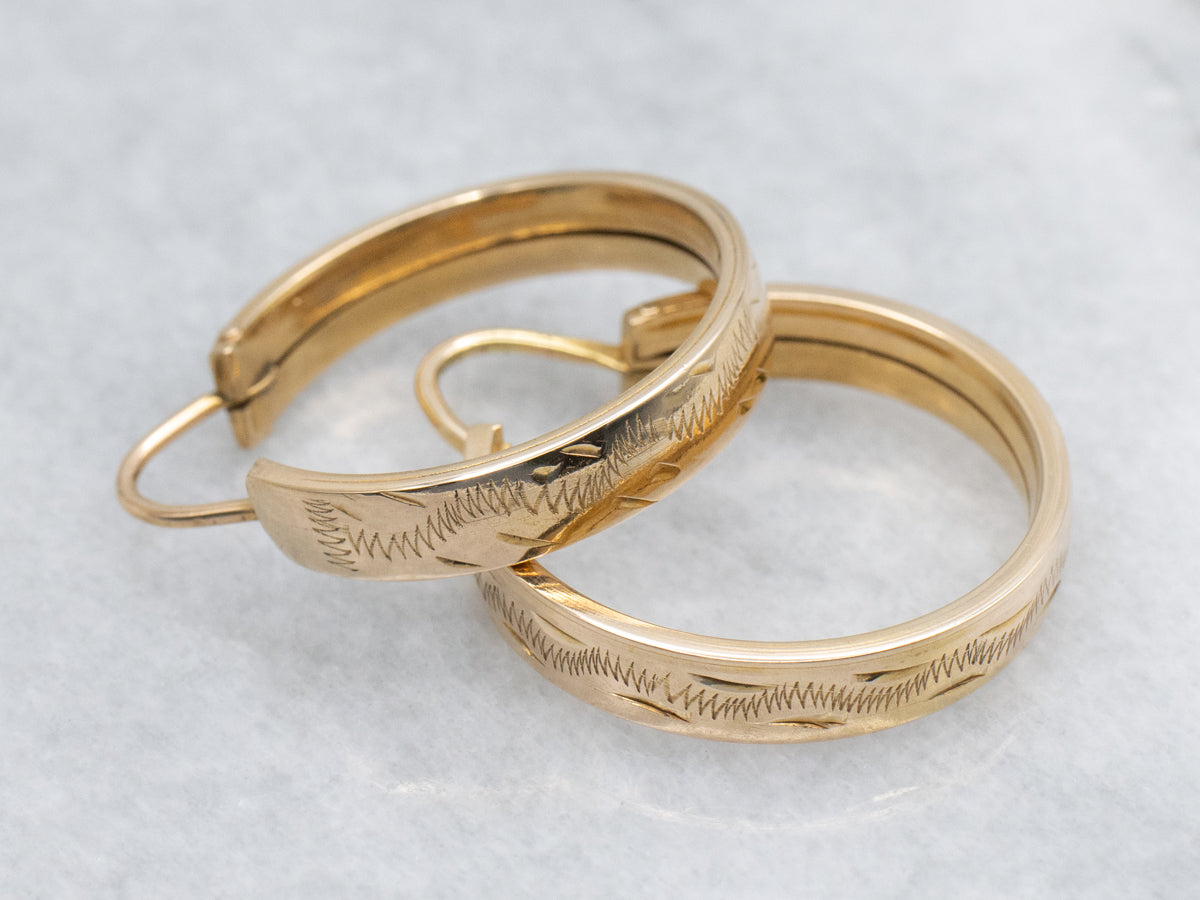 Etched Pattern Yellow Gold Hoop Earrings