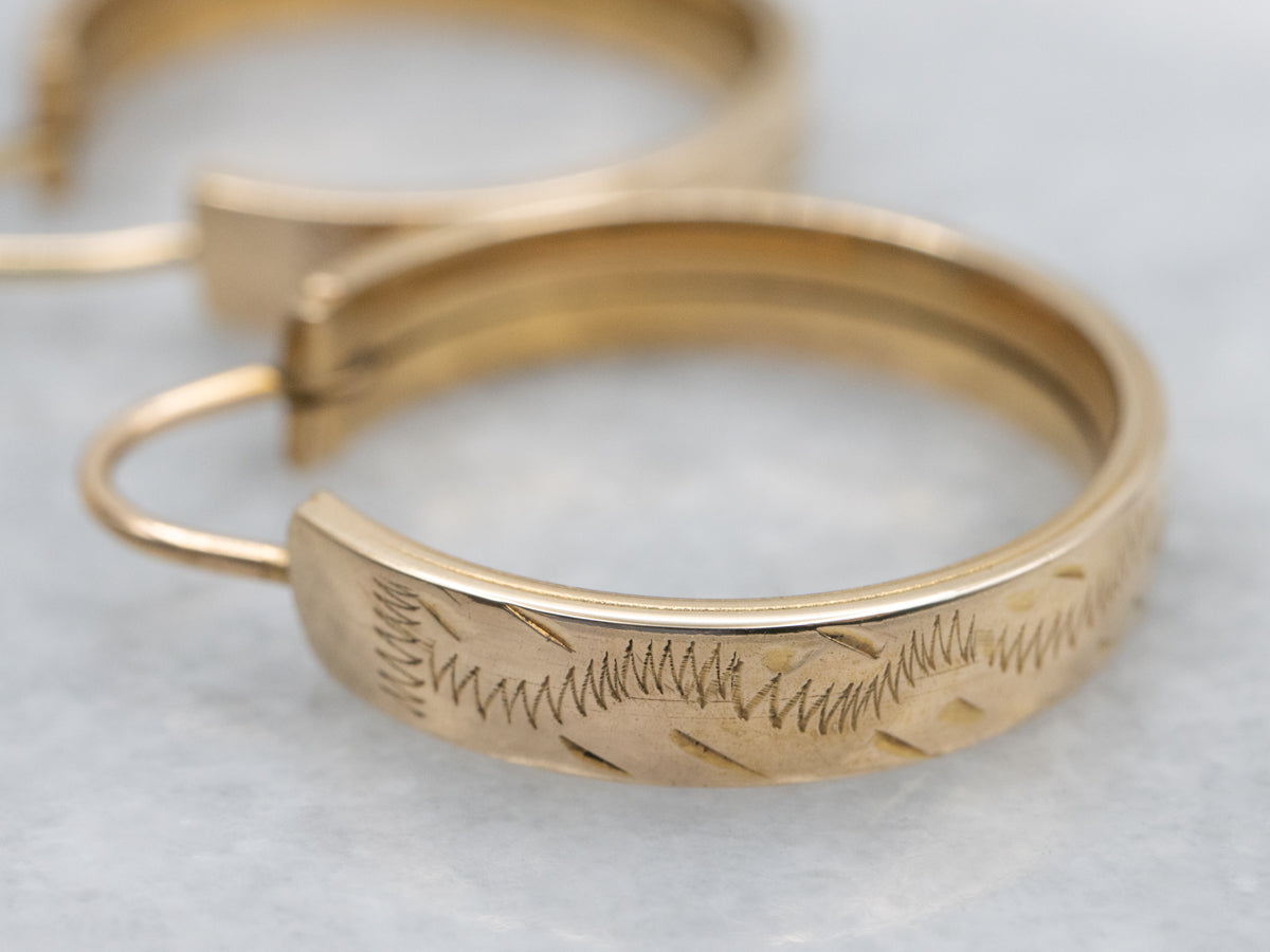 Etched Pattern Yellow Gold Hoop Earrings