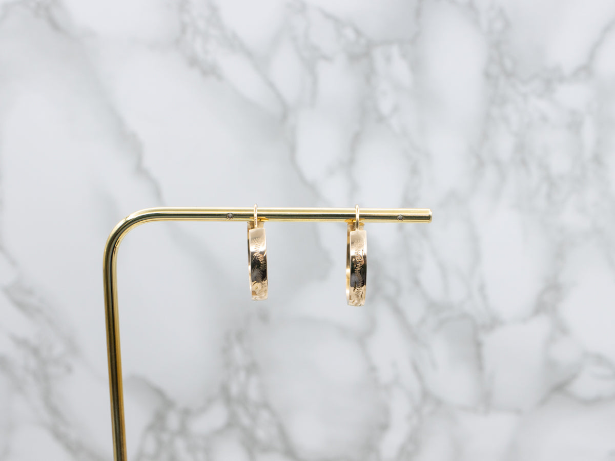 Etched Pattern Yellow Gold Hoop Earrings