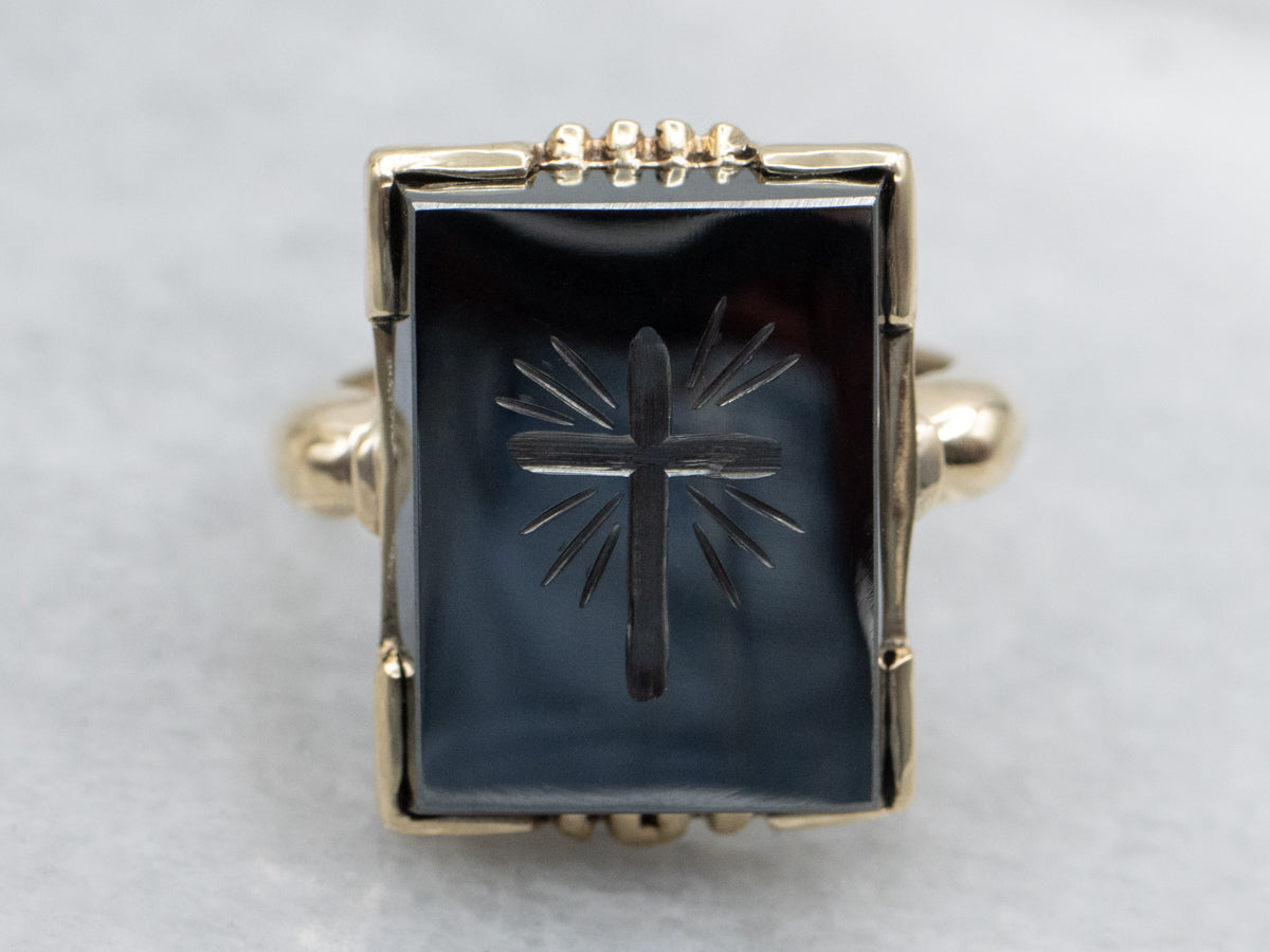 Vintage Gold Hematite Intaglio Cross Retro Era Ring