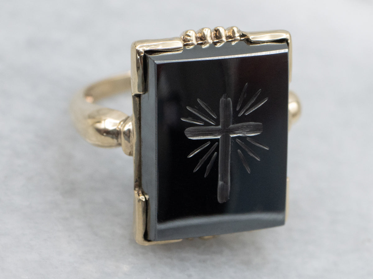 Vintage Gold Hematite Intaglio Cross Retro Era Ring