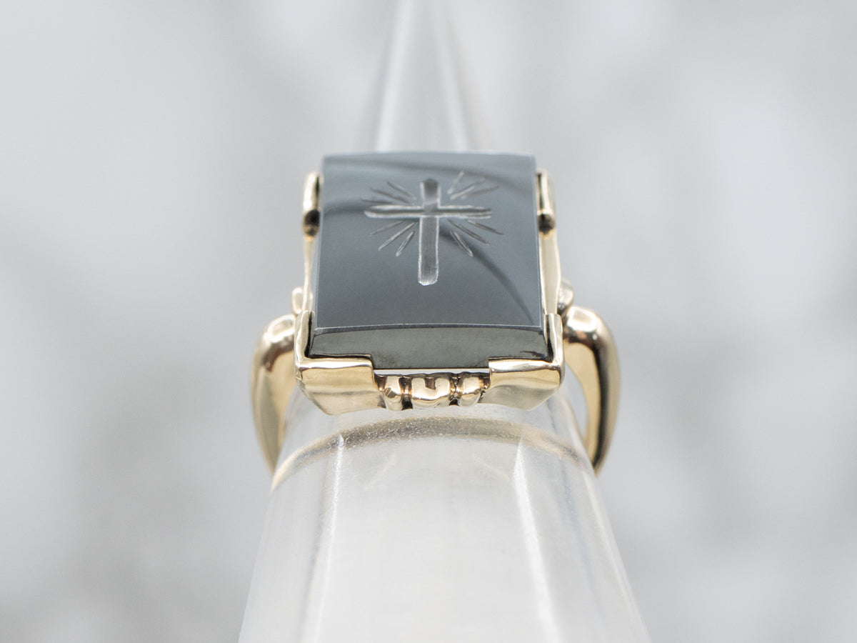 Vintage Gold Hematite Intaglio Cross Retro Era Ring