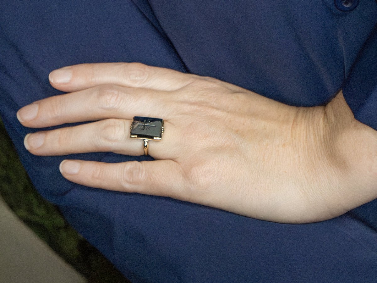 Vintage Gold Hematite Intaglio Cross Retro Era Ring