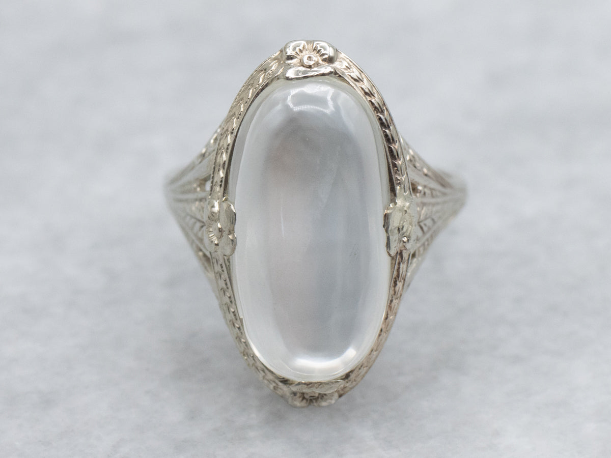 Art Deco Era Moonstone Floral Filigree Ring