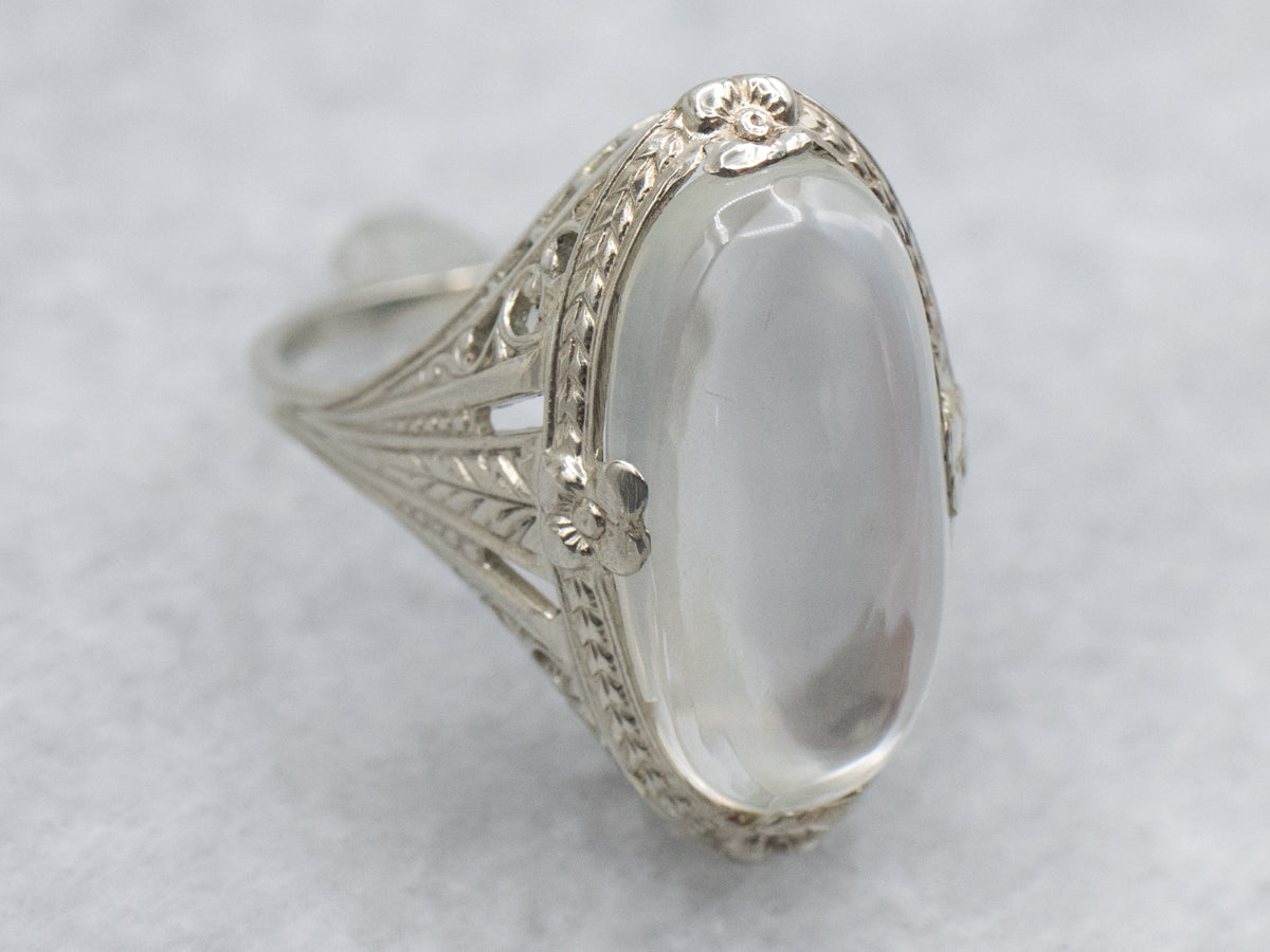 Art Deco Era Moonstone Floral Filigree Ring