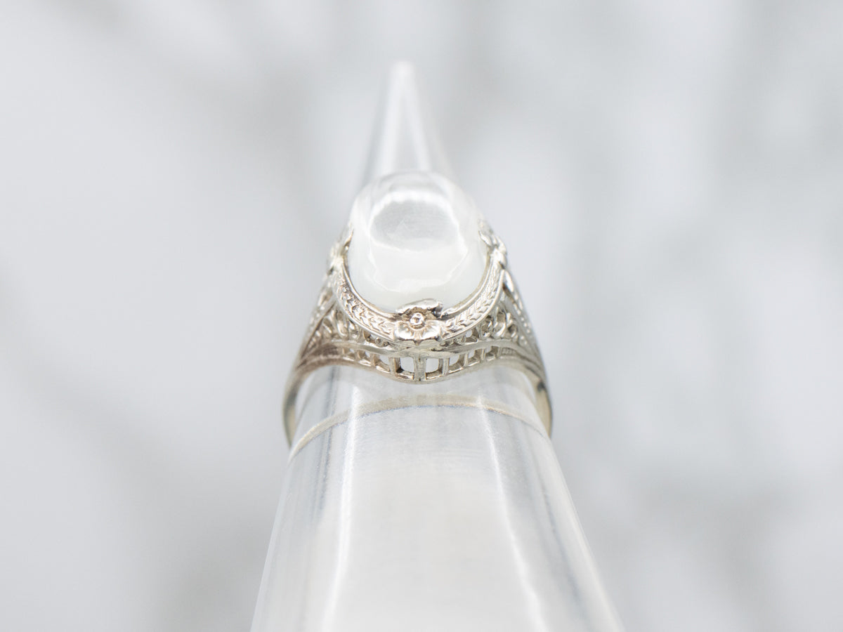 Art Deco Era Moonstone Floral Filigree Ring