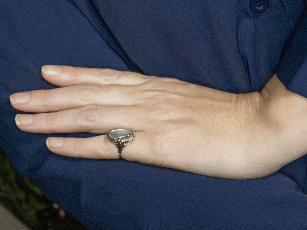 Art Deco Era Moonstone Floral Filigree Ring