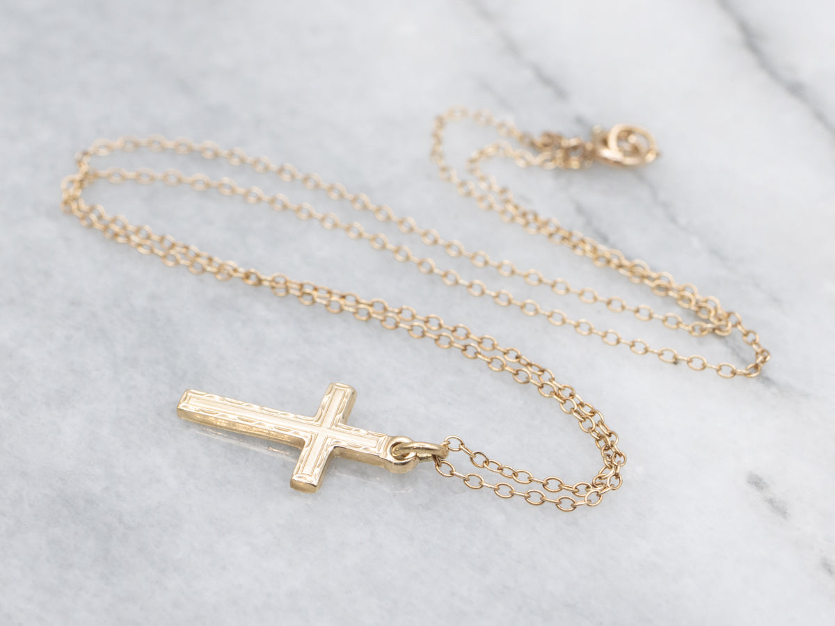 Vintage Engraved Gold Cross Child's Necklace
